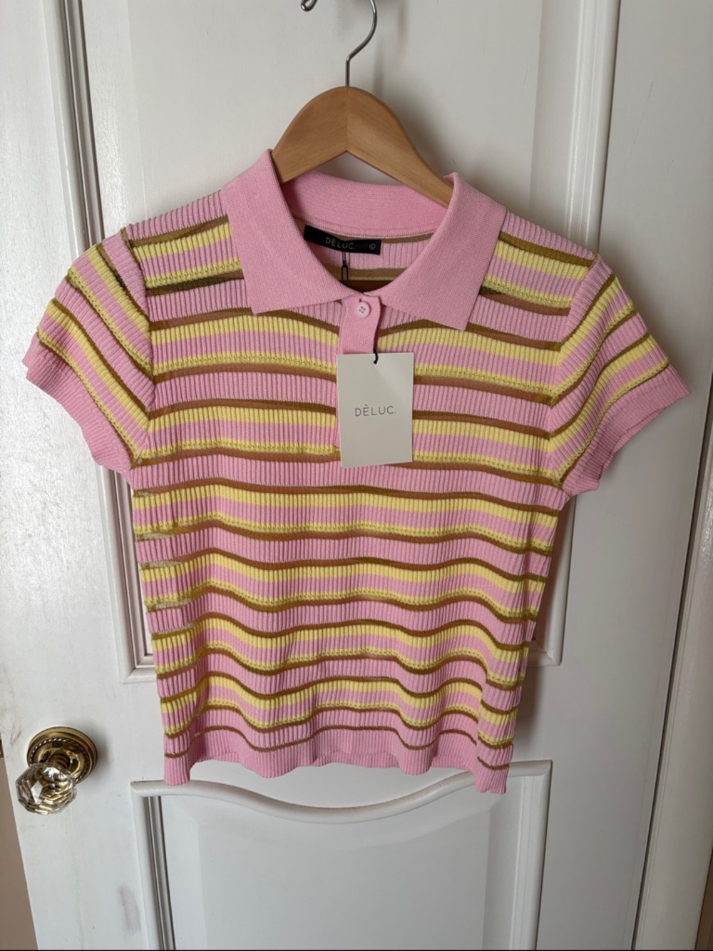 Deluc Pink Striped Polo Knit Top with Yellow Accents
